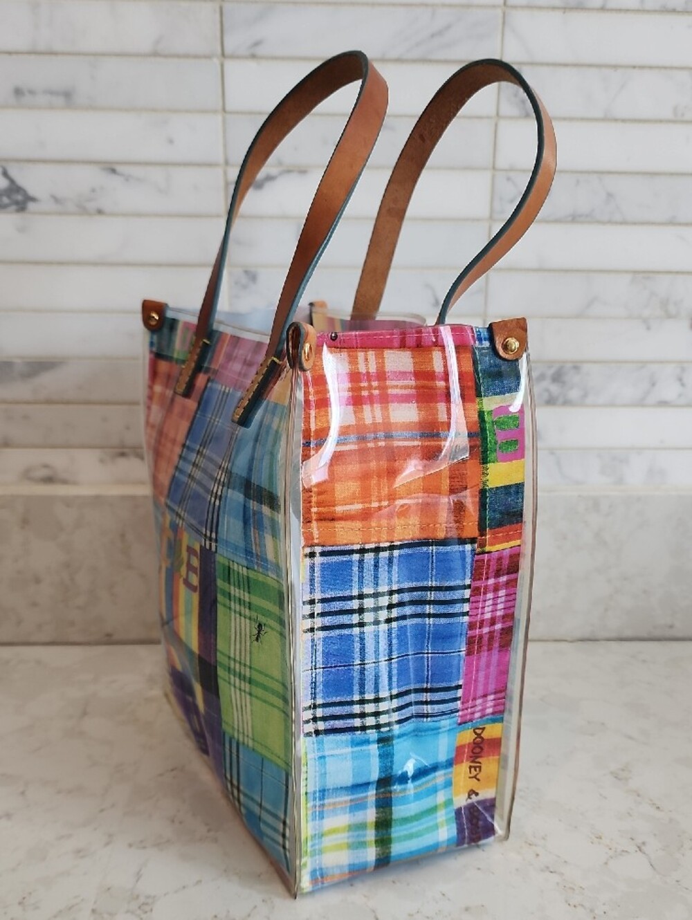 Dooney & Bourke Multicolor Plaid Patchwork Clear Tote with Brown Leather Handles - Picture 3 of 8